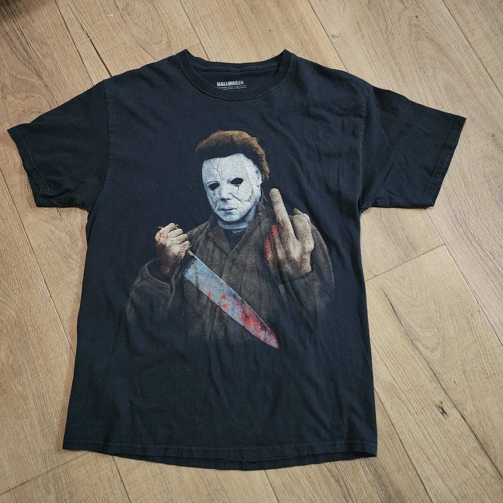 Halloween Michael Myers Middle Finger Bloody Knife Black Graphic T-Shirt Mens M